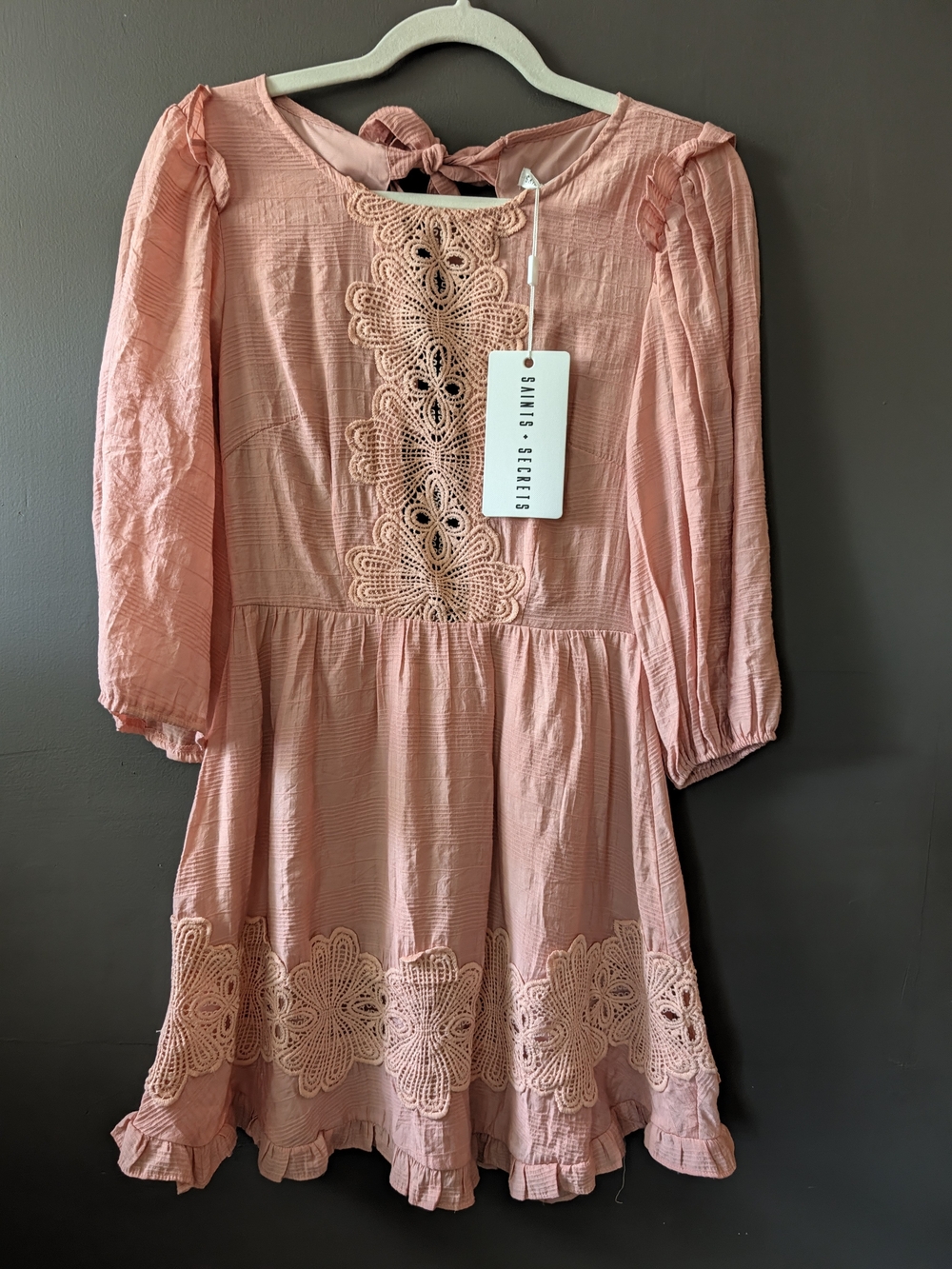 Smocked Peach Mini Dress with Lace Trim